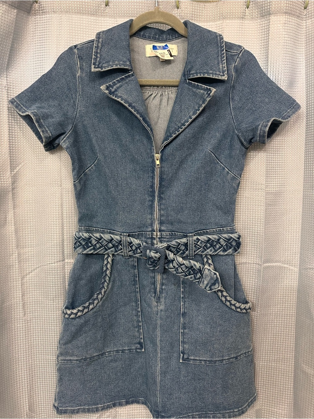 Short Sleeve Denim Zip Dress with Braided Belt